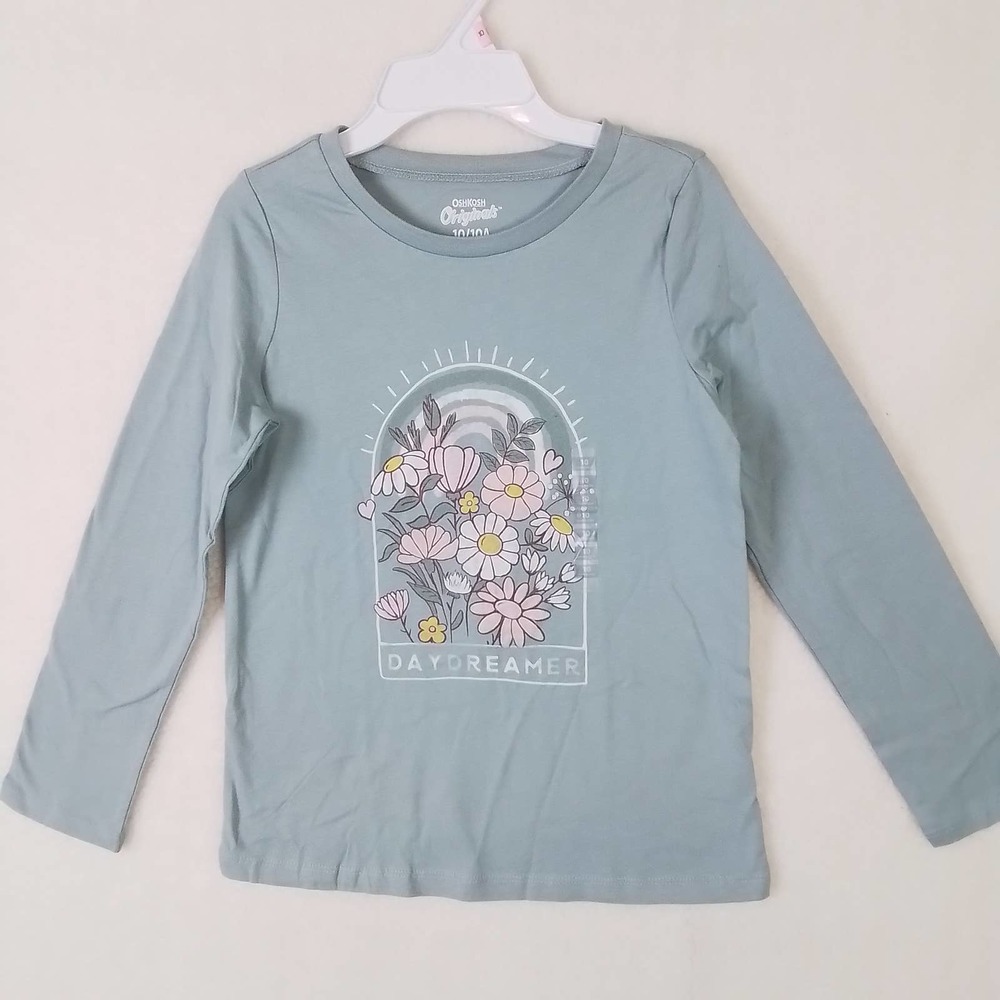 Oshkosh Long‎ Sleeve Cotton T-Shirt Girl's Size 10 Green w/ Garden Theme